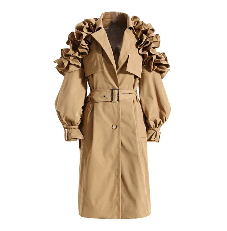 Radiant Eclipse Coat By Street-Wave Bold Trench With Dramatic Ruffled Shoulders For Fashion-Forward Women