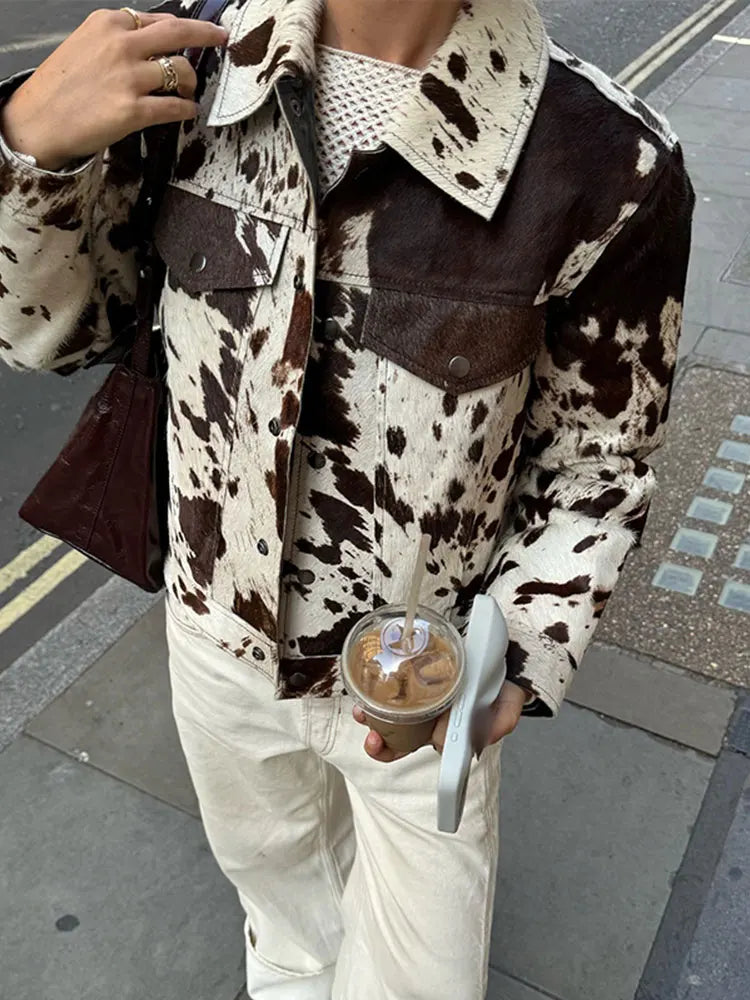 Street-wave Lazy Day Love Jacket Cow Print Polyester Cozy Yet Lightweight Button Closure For Urban Women