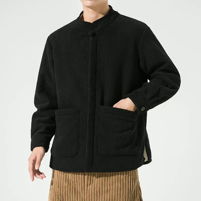 Streetwave Mens Corduroy Jacket With Large Pockets Fleece Lining Mao Collar Modern Retro Style