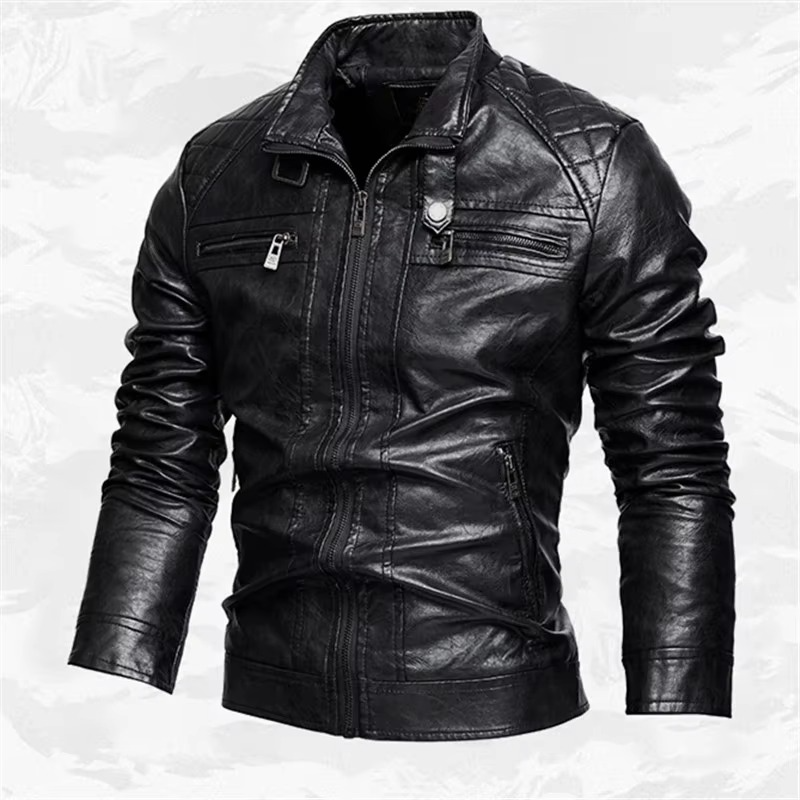 Street-Wave Men Vintage PU Leather Moto Jacket Stand Collar Biker Coat For Autumn And Winter