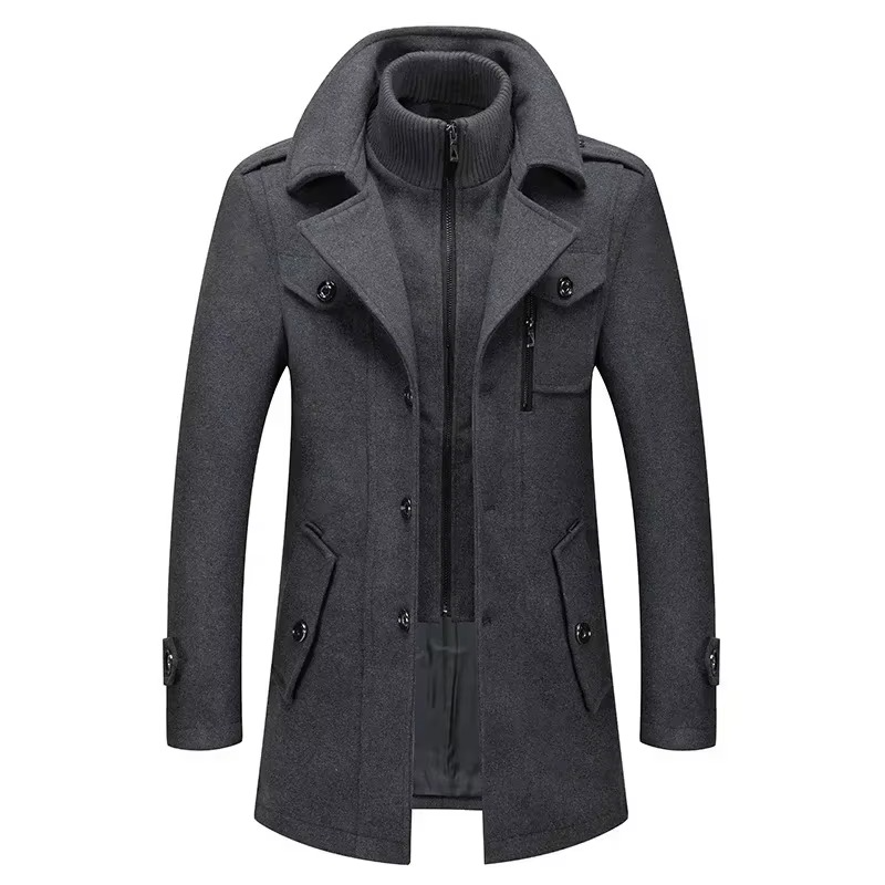 Street-Wave Men's Mid Length Wool Trench Coat With Double Collar Zipper Overcoat For Fall And Winter