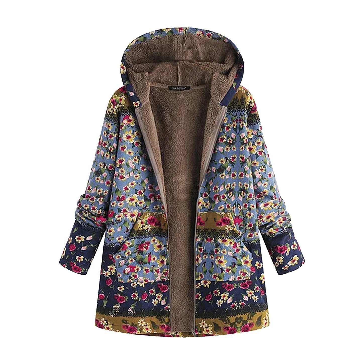 Streetwave Floral Patchwork Coat With Faux Fur Hood For Women Cozy Warm Winter Outerwear