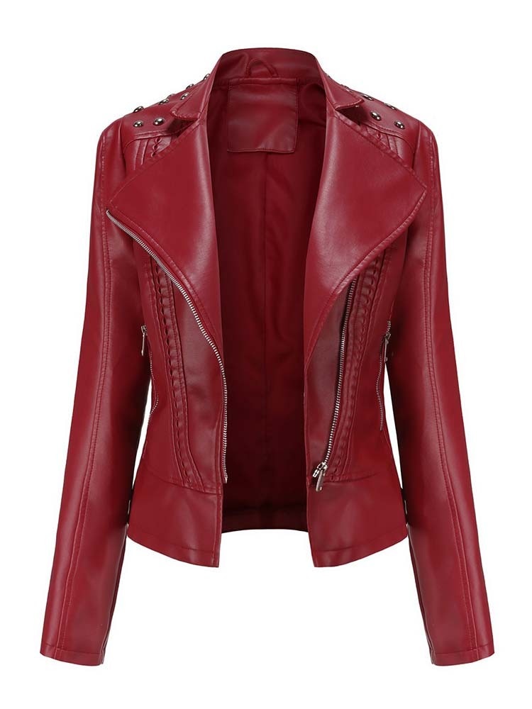 Street-Wave PU Leather Jacket For Women With Studded Shoulders And Zippered Sleeves Chic All Season Outerwear