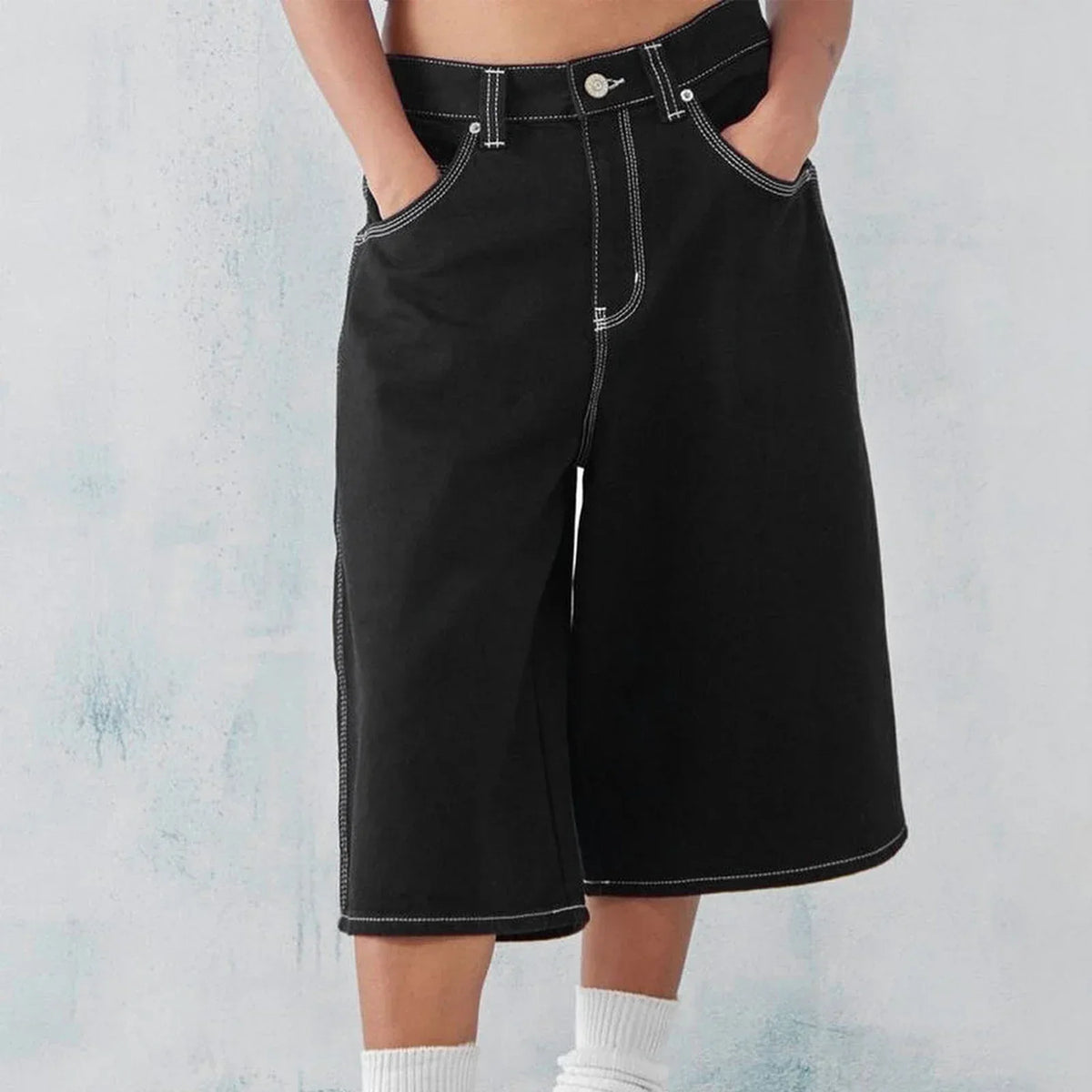 Pulse Drift Wide Leg Denim Shorts For Men With Durable Stitching And Classic Five Pocket Design