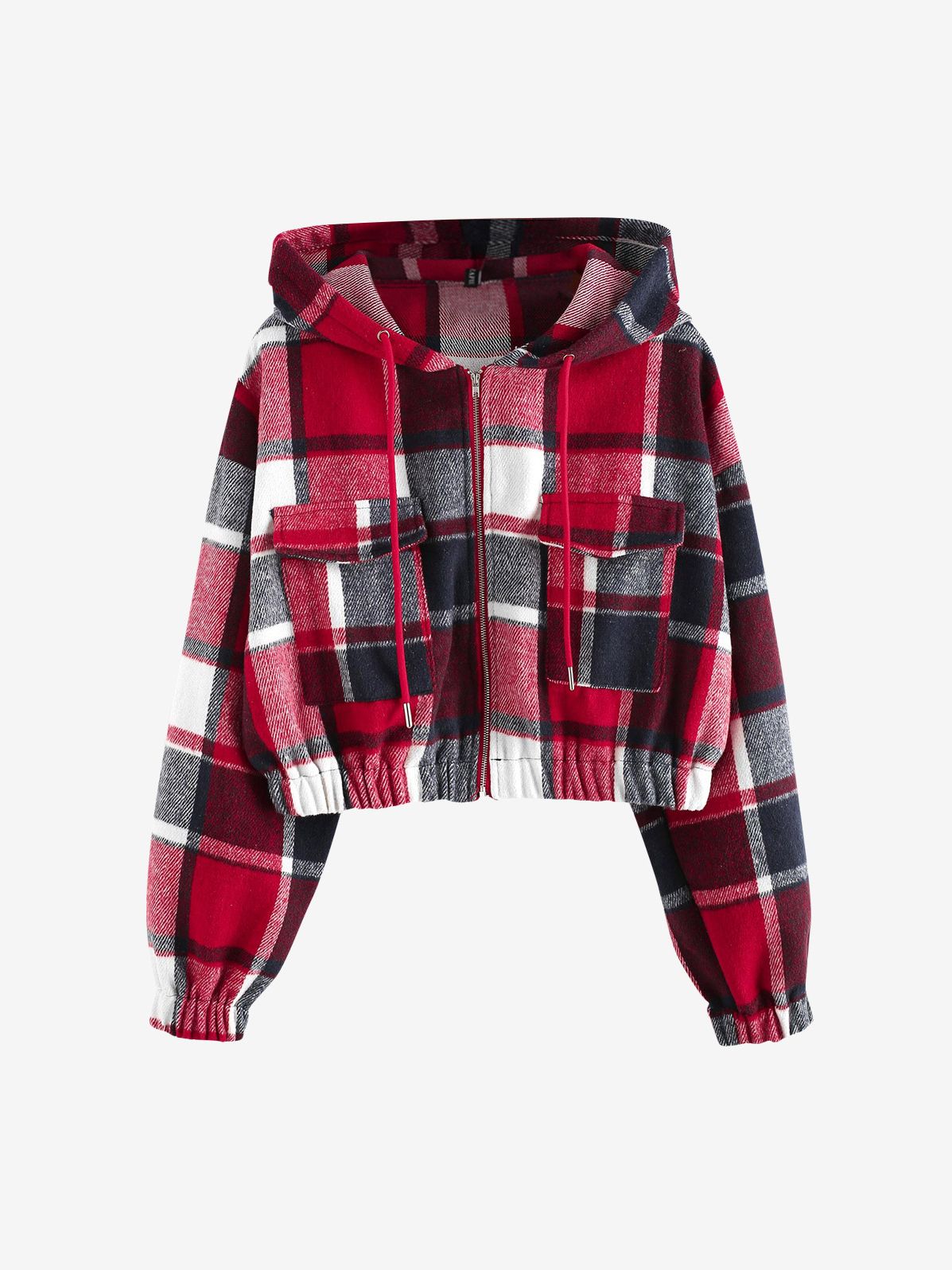 Street-wave Women Plaid Hoodie Jacket Cropped Fit With Front Pockets Cozy Winter Warmth