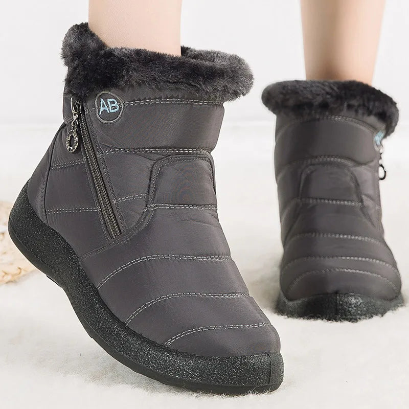 Street-Wave Snow Boots For Women Water-Resistant Ankle Boots With Plush Fur Lining And Side Zipper