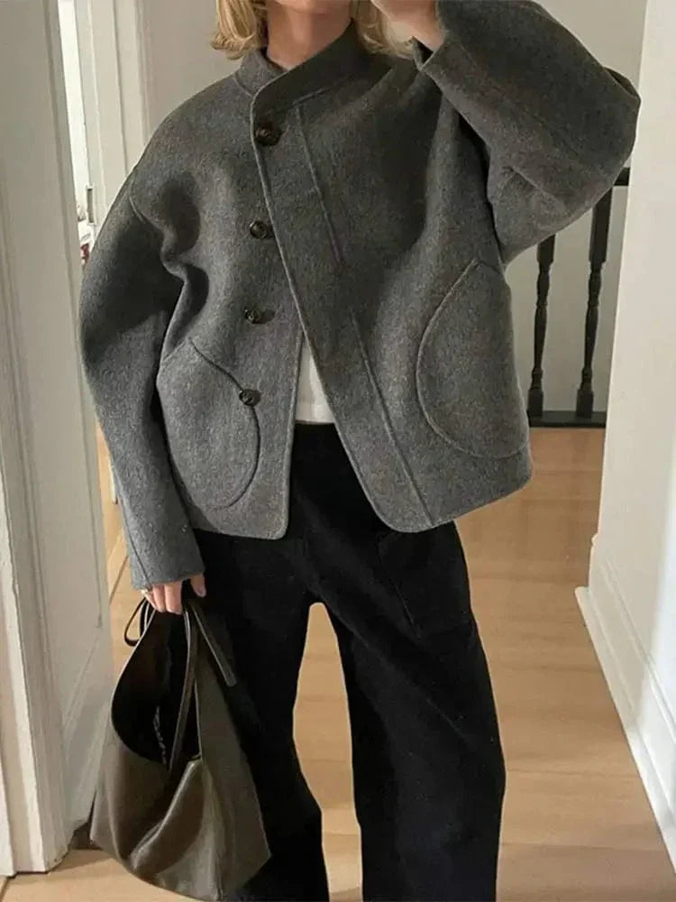 Street Wave Plus Size Wool Coat For Women With Asymmetric Button Placket And Large Pockets