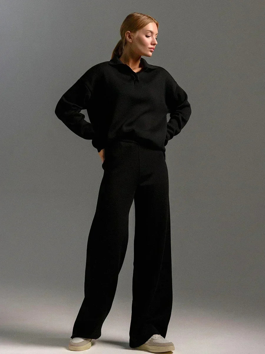 Nordisk-Flair Women's Knit Set Relaxed Polo Neck Sweater and Wide-Leg Pants