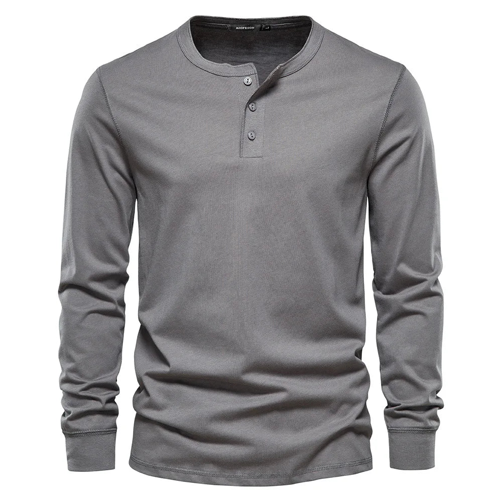 Men Long Sleeve Henley Shirt Navy Street Wave Comfort