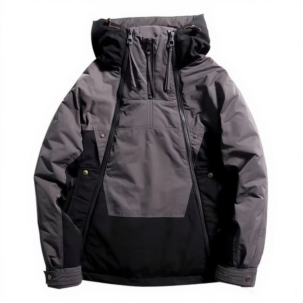Street-Wave Mens Winter Down Jacket With Double Zipper And Color Block Hooded Design For Maximum Warmth