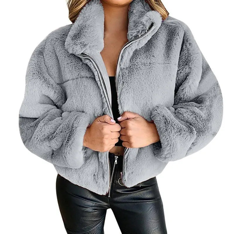 Street Wave Faux Fur Jacket For Women Oversized Cozy Warm High Collar Full Zip Streetwear Essential