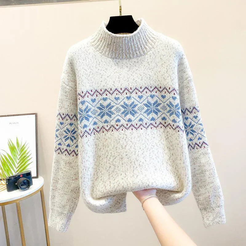 Women's Knit Sweater with Snowflake Pattern and Soft Texture