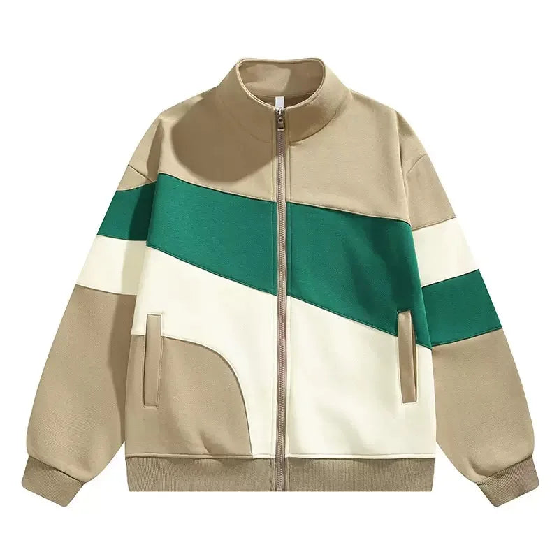 Street-wave Sustainable Colorblock Zip Jacket With Geometric Pattern For Urban Style Enthusiasts