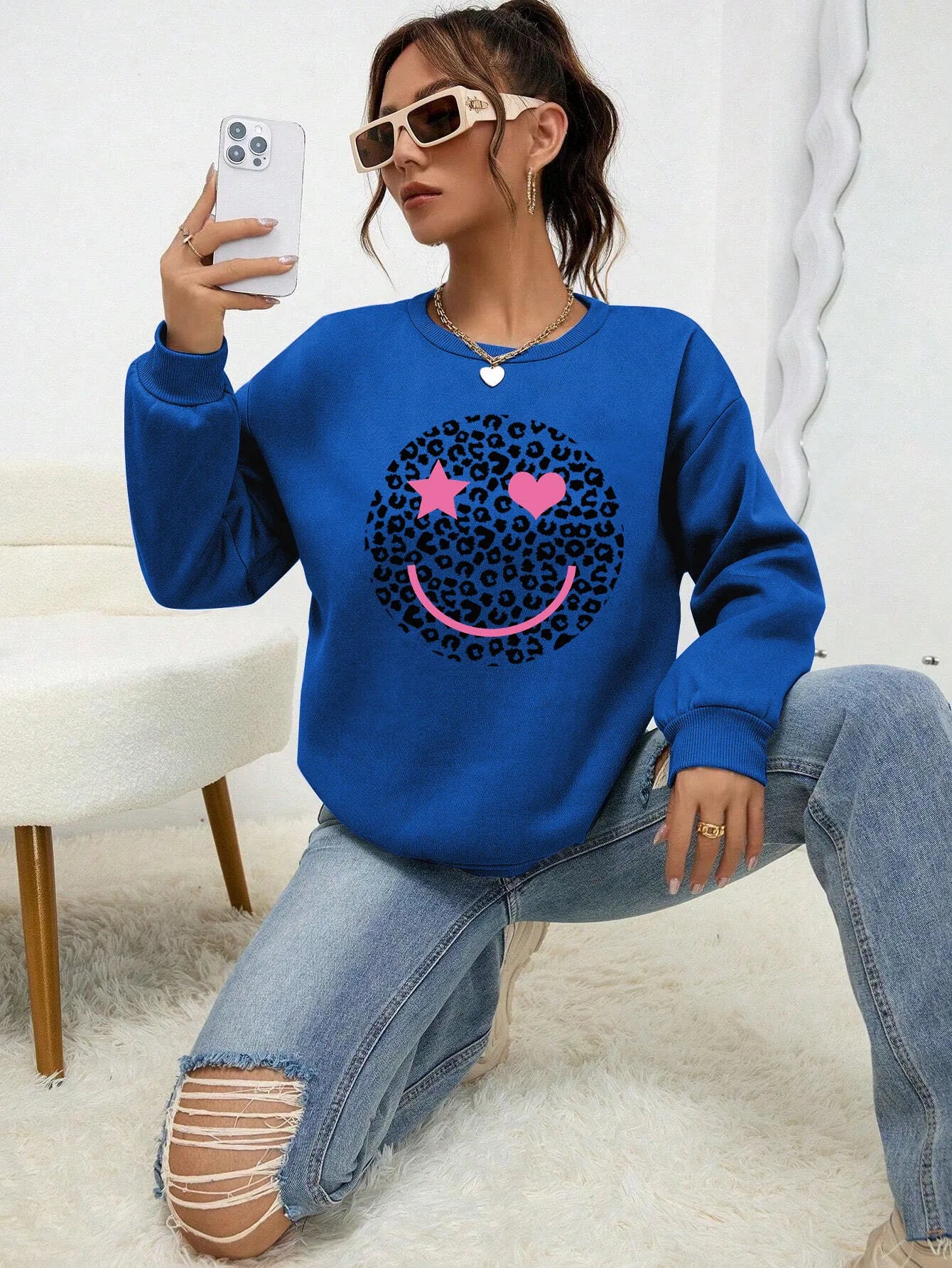 Street-wave Leopard Print Sweatshirt For Women Cotton Blend Comfortable Trendy Everyday Wear