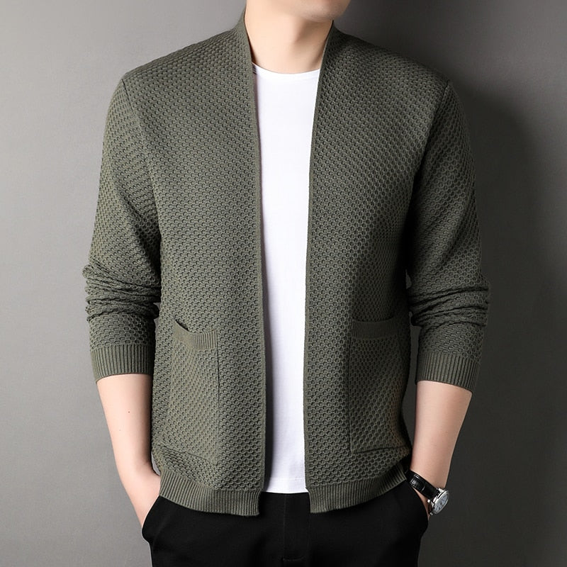 Arthur Men’s Slim Fit Knitted Cardigan With Pockets By Street-Wave Textured Lightweight Knit Beige