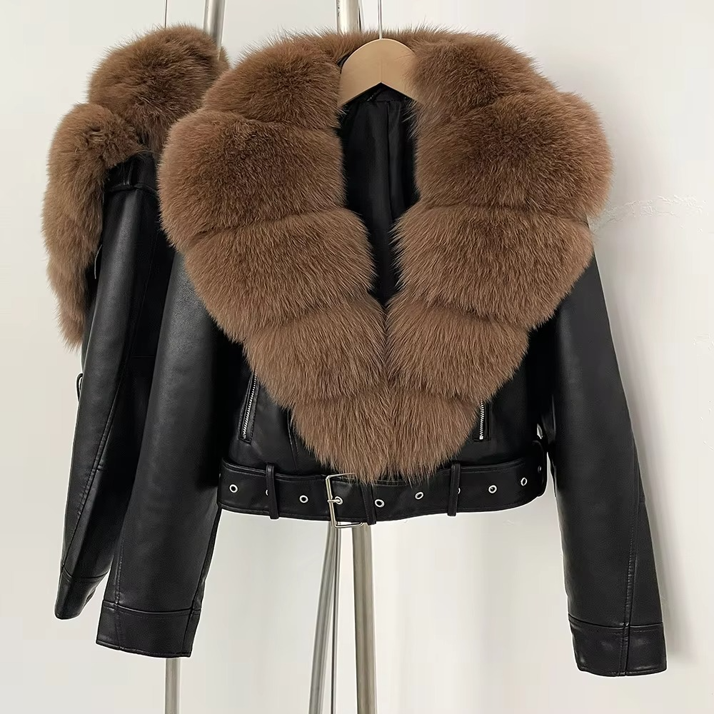 Women's Faux Leather Coat with Faux Fur Collar — Elegant Warmth for the Cold Season