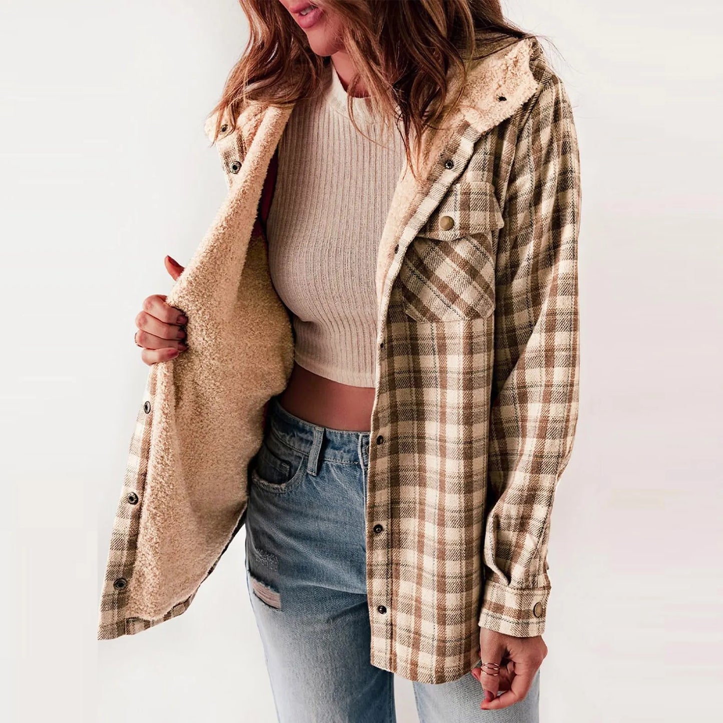 Streetwave Sherpa Shirt Jacket Beige Cozy Warm Flannel With Soft Lining For Women Outdoor Everyday