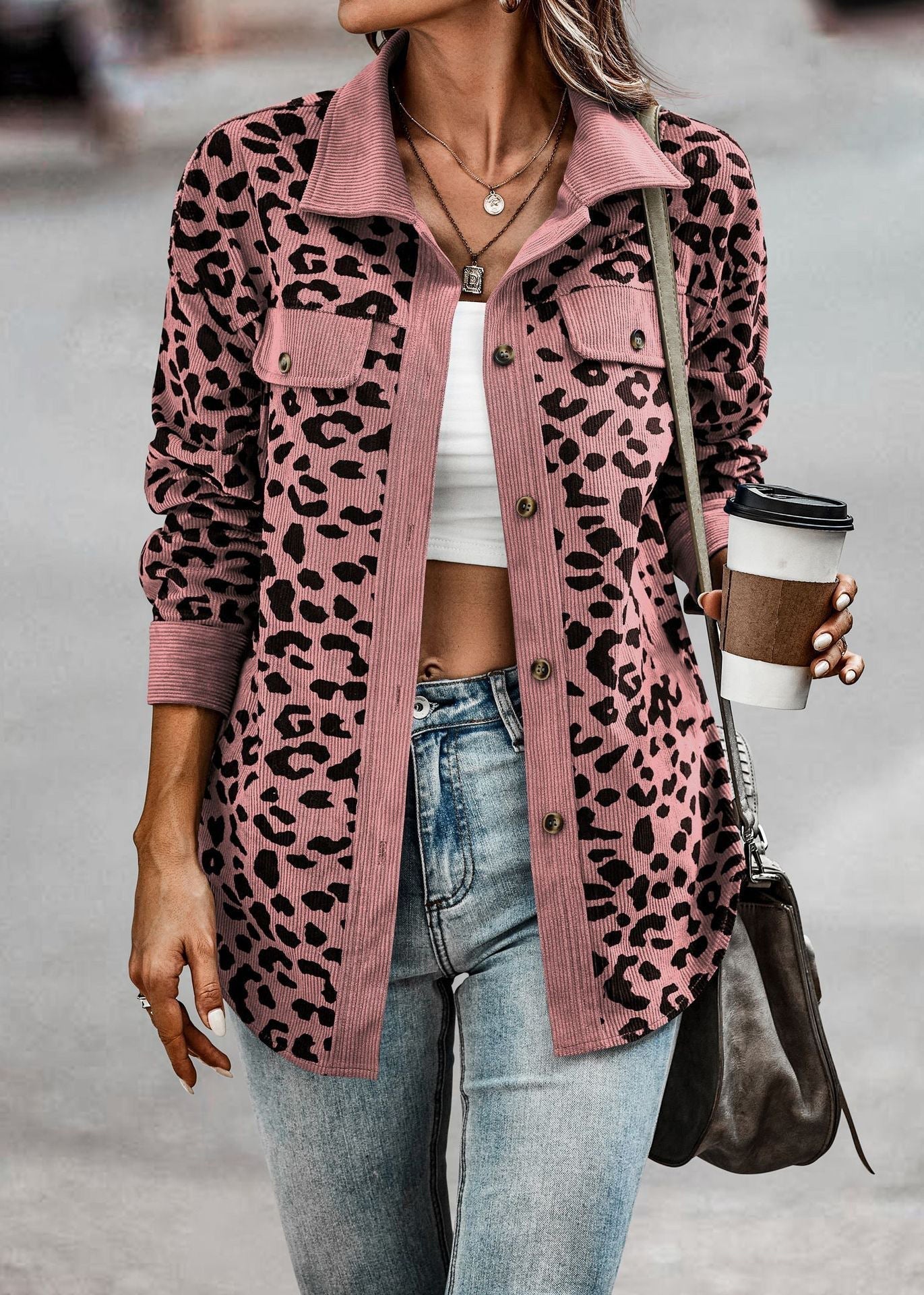 Street-wave Leopard Print Jacket For Women With Beige Corduroy Trim Chic Everyday Outerwear