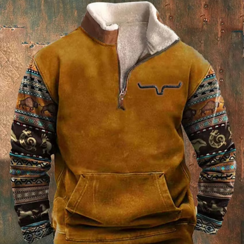 Men's Retro 3D Printed Hooded Jacket With Leather Collar And Zipper Closure For Cold Weather
