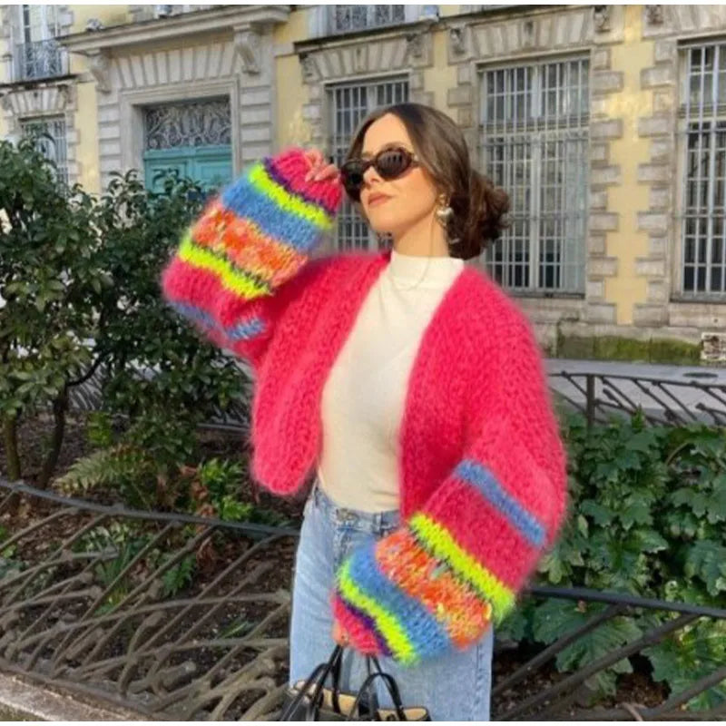 Street-Wave Striped Open Front Pullover For Women Dramatic Puff Sleeves Colorful Patchwork