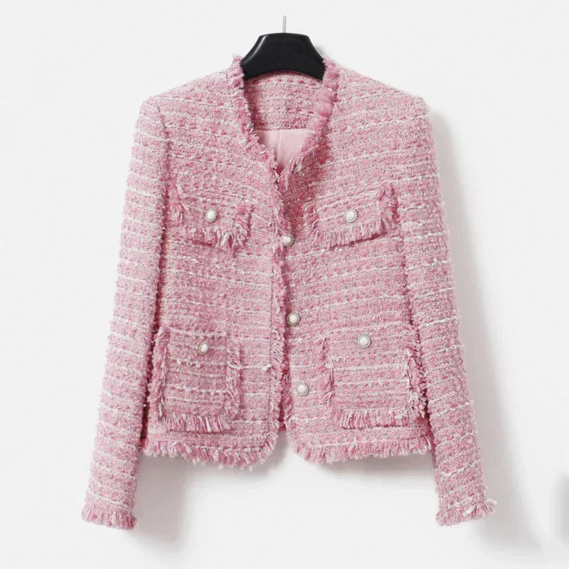 Street-wave Pink Tweed Jacket For Women With Fringed Hem Elegant Winter Outerwear