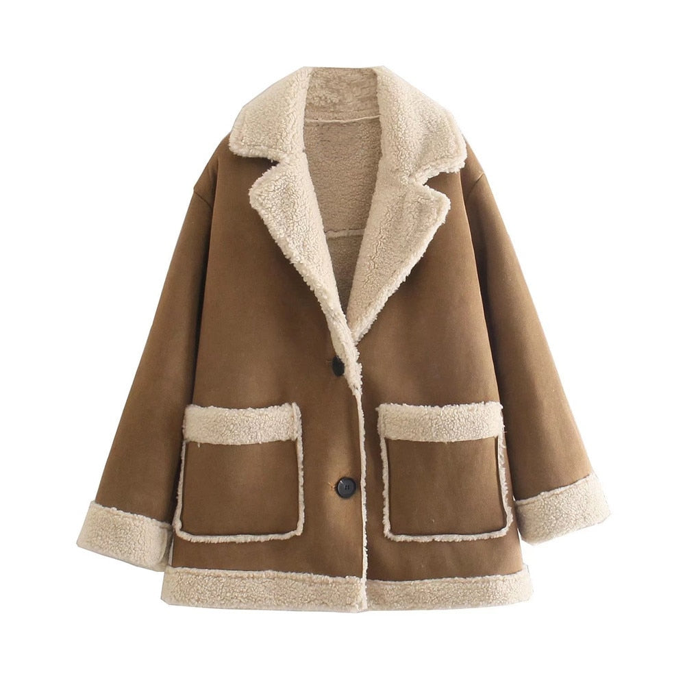 Street-Wave Shearling Jacket For Women With Luxurious Faux Fur Trim And Warm Lightweight Polyester