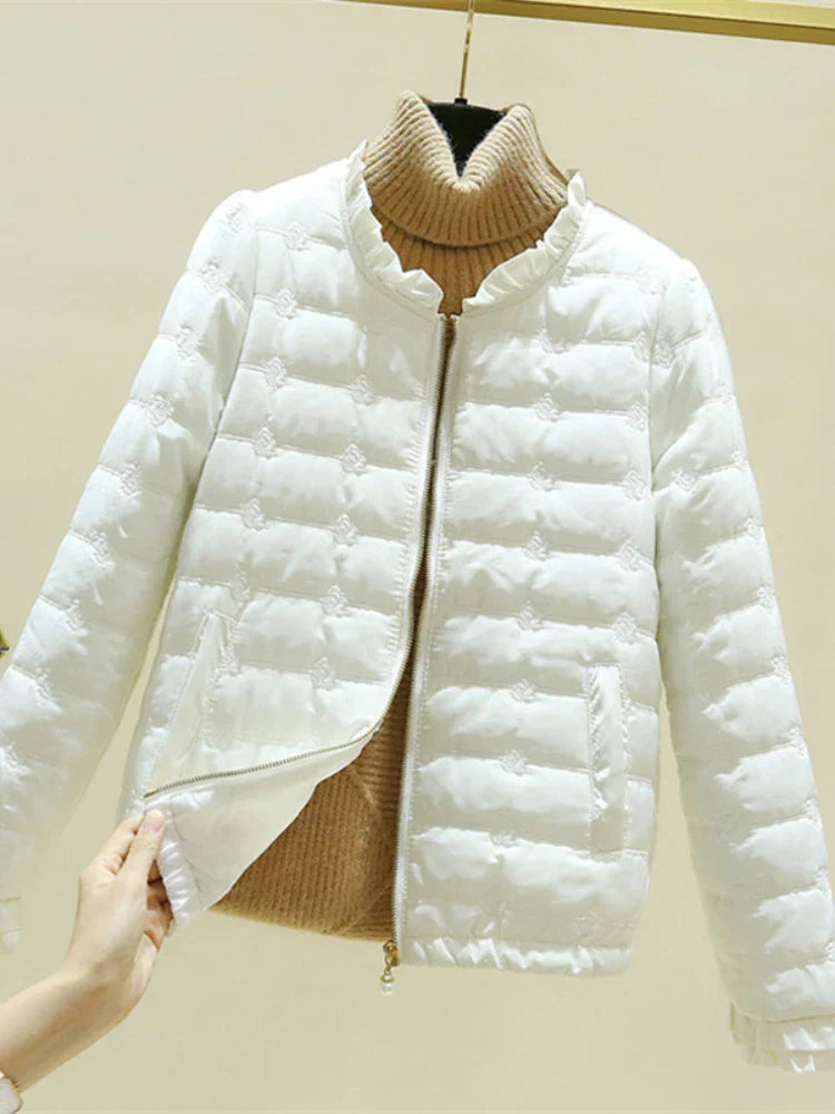 Street-Wave Lightweight Puffer Jacket With Ruffle Hem For Women Casual Chic Outerwear