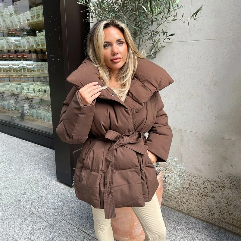 Street-Wave Belted Puffer Coat For Women Warm Cozy Winter Outerwear With Waist Belt