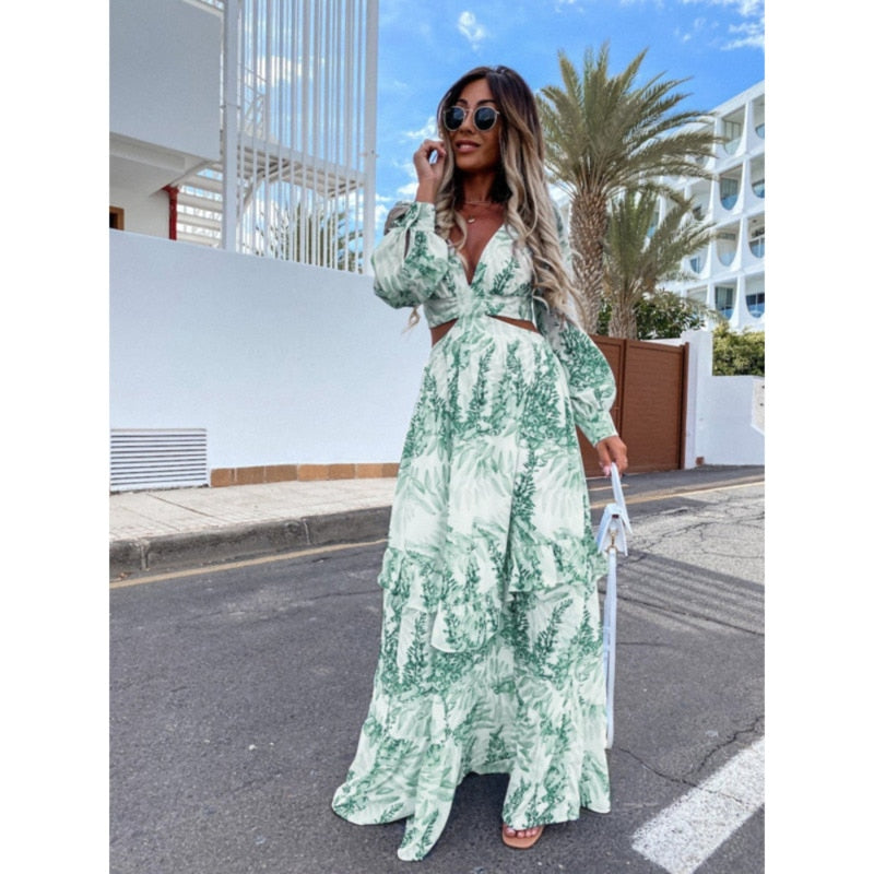 Street-wave Floral Maxi Dress With V-Neck Cutout And Sheer Sleeves For Women Elegant Boho Summer Dress