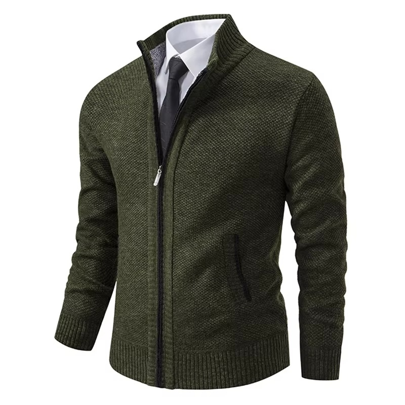 Men's Fleece Lined Stand Collar Zip Cardigan Warm Casual Jacket For Fall And Winter