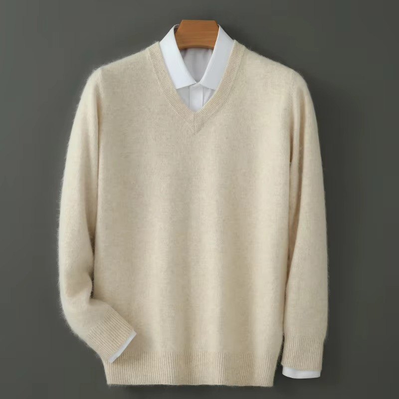 Street-Wave Men's Winter Cashmere Blend V Neck Sweater Loose Fit Plus Size Knitted Pullover For Warmth