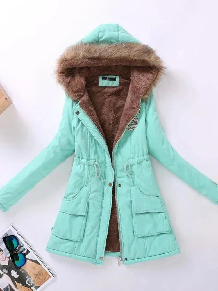 Street-wave Womens Fur Hooded Parka Jacket Cozy Warm Cotton Blend for Casual Outings