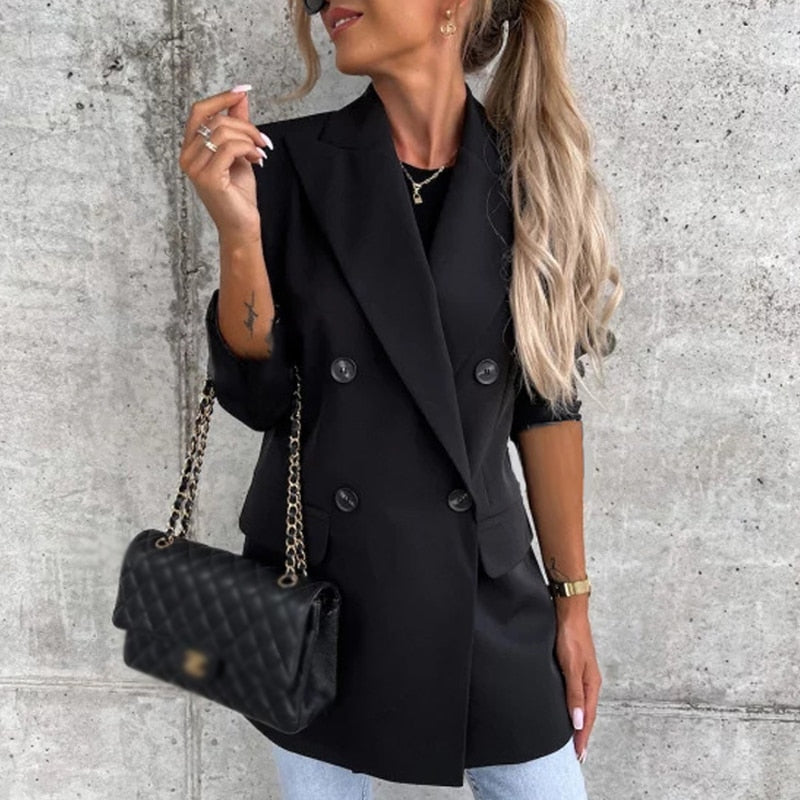 Street-wave Women's Long Plaid Blazer With Double Breasted Front For Warm Chic Office Style