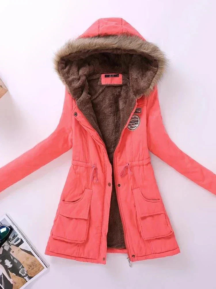 Street-wave Womens Fur Hooded Parka Jacket Cozy Warm Cotton Blend for Casual Outings