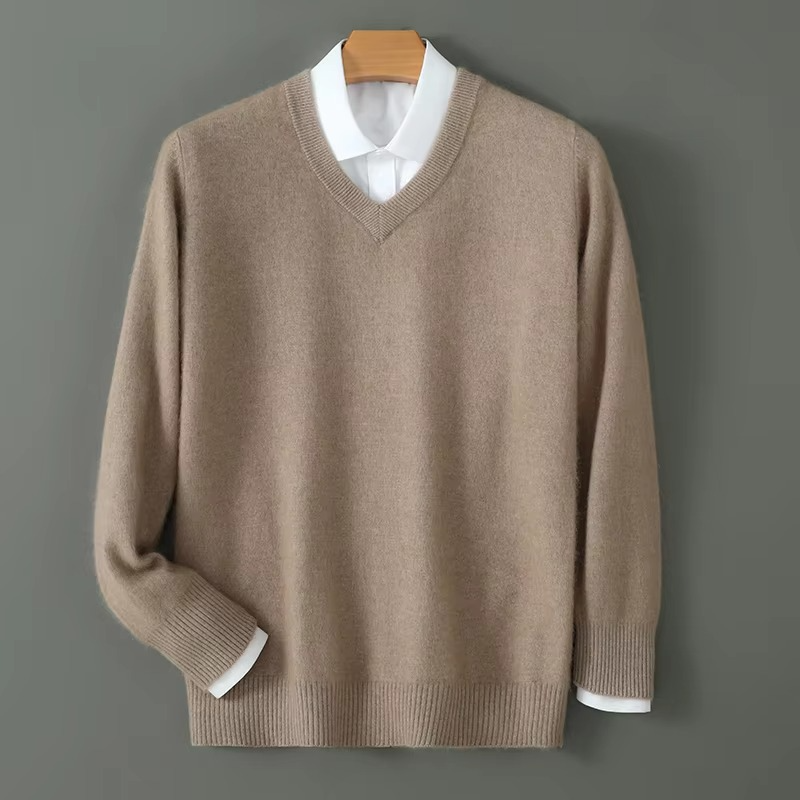 Street-Wave Men's Winter Cashmere Blend V Neck Sweater Loose Fit Plus Size Knitted Pullover For Warmth