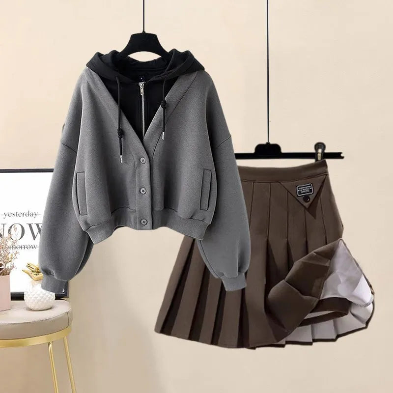 Rodreck Elegant Two Piece Women's Skirt Set With Matching Top Pleated Gray Midi Versatile