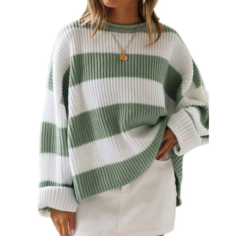 Street-wave Oversized Striped Knit Sweater for Women Cozy Soft Comfort Everyday Wear