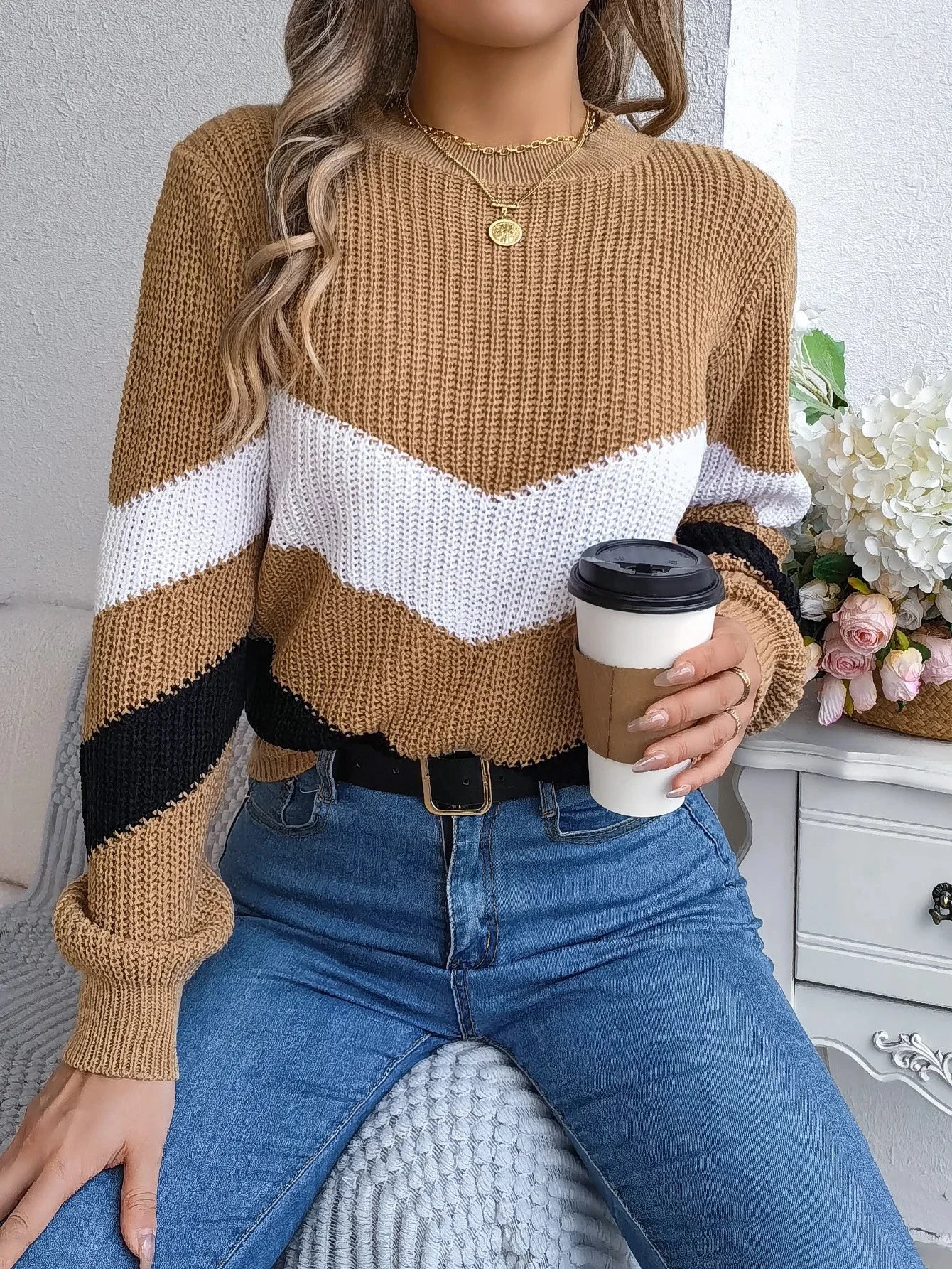 Grace Women's Cashmere Turtleneck Sweater With Chevron
