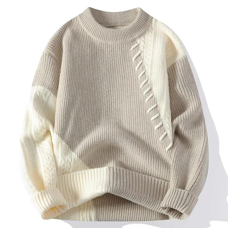 Men's Patchwork Knit Sweater Crew Neck Autumn Winter Casual Pullover Warm Cozy Style