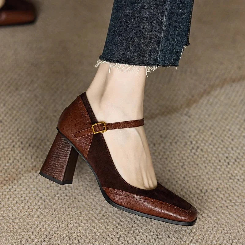 Women's Square Toe Block Heel Pumps with Ankle Strap and Brogue Detail