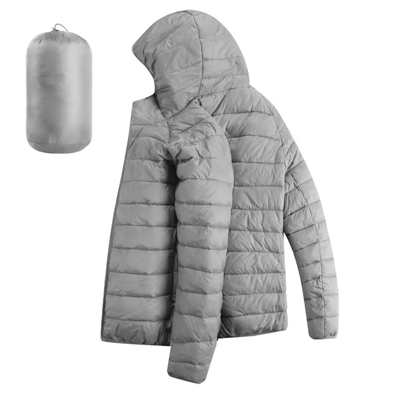 Men's Lightweight Hooded Cotton Down Jacket With Zip Pockets Casual Winter Parka