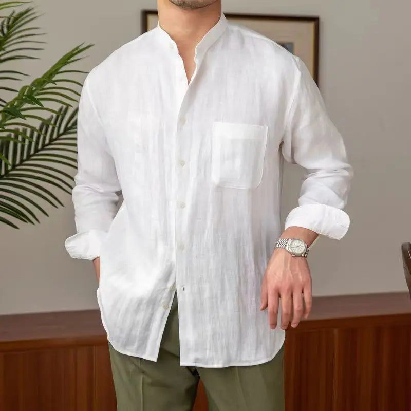 Street-Wave Mens Linen Shirt Mandarin Collar Relaxed Fit Long Sleeve