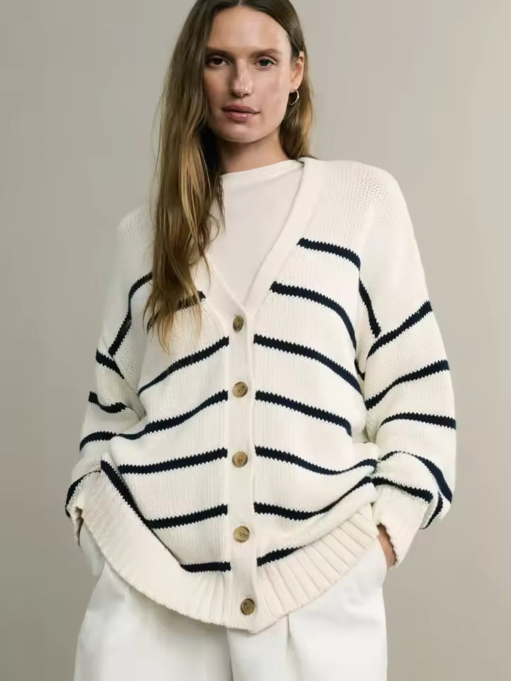 Street-wave Plus Size Striped Cardigan With Buttons For Curvy Women Cozy Oversized Knit
