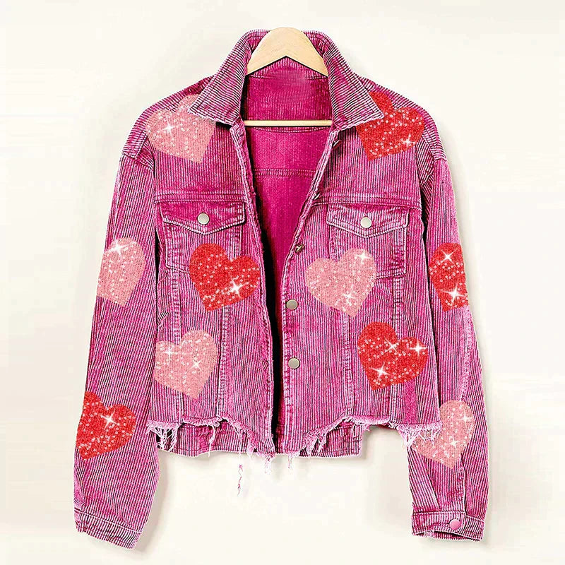 Street Wave Corduroy Bomber Jacket With Sequin Heart For Women Drawstring Cozy Chic