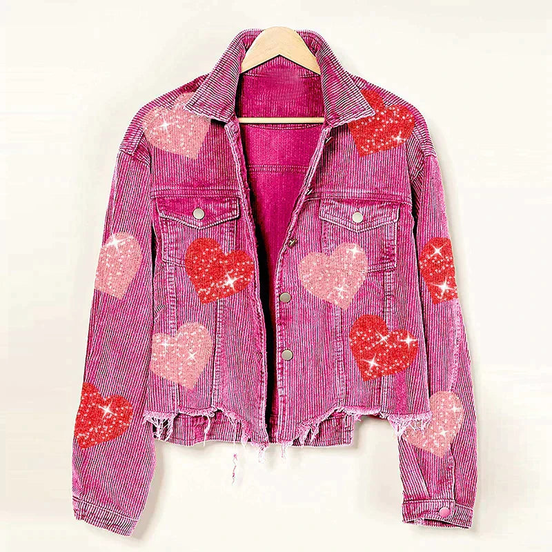 Avelena Cord Bomber Jacket With Sparkling Sequined Heart For Women Streetwear Comfort Warmth