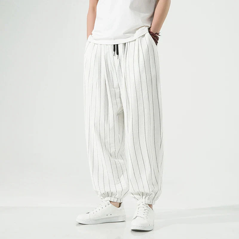 Street-Wave Premium Cotton Striped Trousers For Men With Pinstripe Detailing And Elastic Waistband