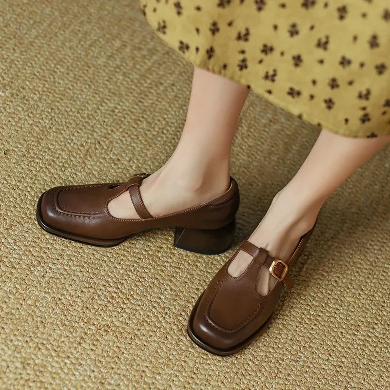 Women's T-Strap Low Block Heel Shoes with Square Toe and Adjustable Strap