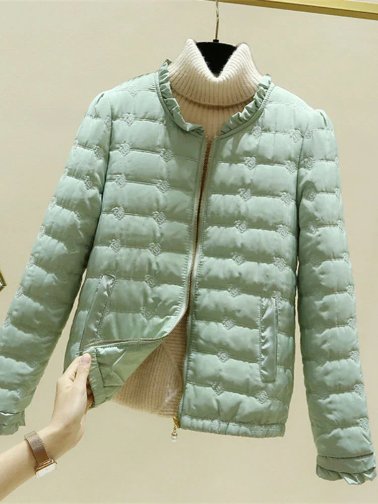 Street-Wave Lightweight Puffer Jacket With Ruffle Hem For Women Casual Chic Outerwear