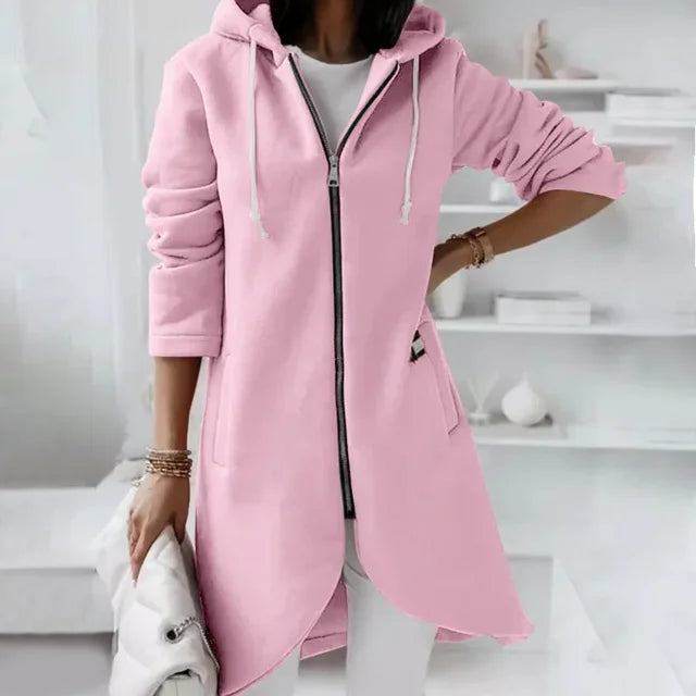 Street Wave Cozy Hooded Cardigan With Curved Hem And Double Pockets For Women Cotton Blend Comfort