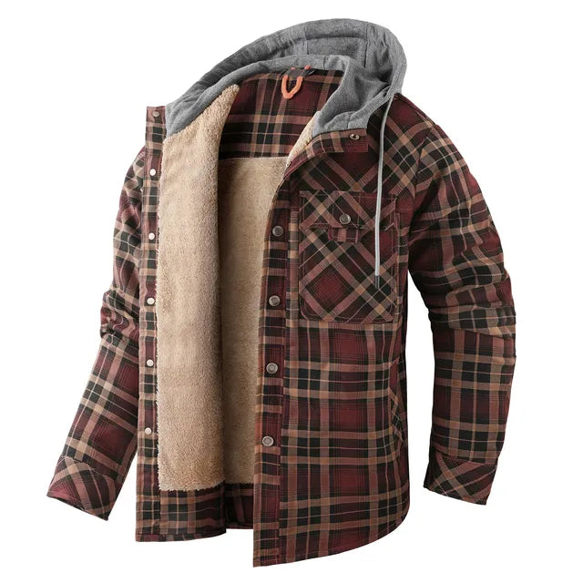 Street Wave Warm Plaid Shirt Jacket With Hood Lined Sherpa For Outdoor Adventurers